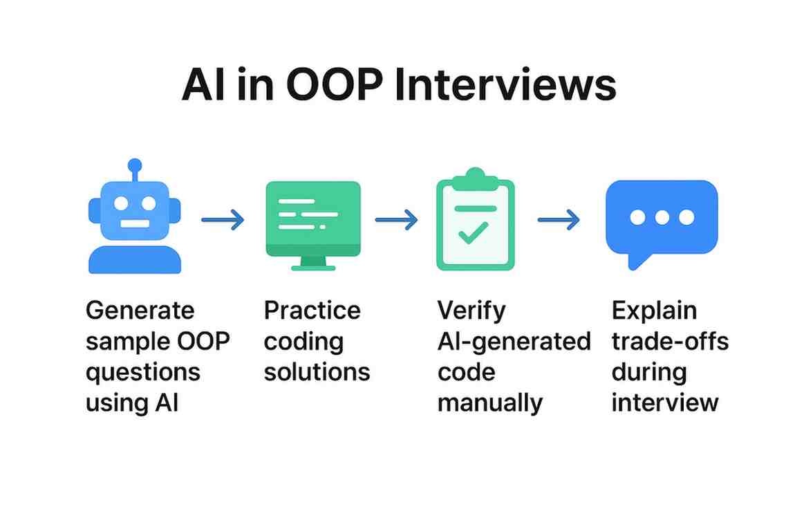Workflow diagram of AI in OOP interview preparation including generating questions, coding practice, and verification