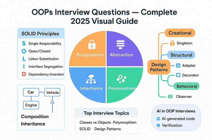 Comprehensive infographic on OOP interview questions including principles, SOLID, design patterns, and modern AI trends