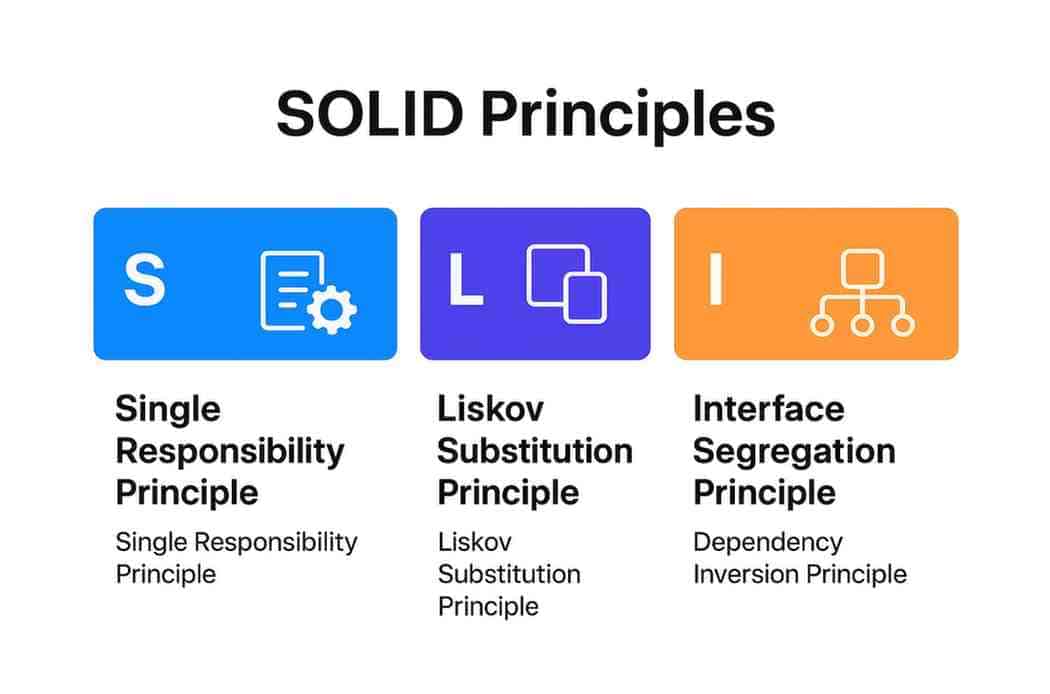 Infographic cheat sheet for SOLID principles: Single Responsibility, Open Closed, Liskov, Interface Segregation, Dependency Inversion